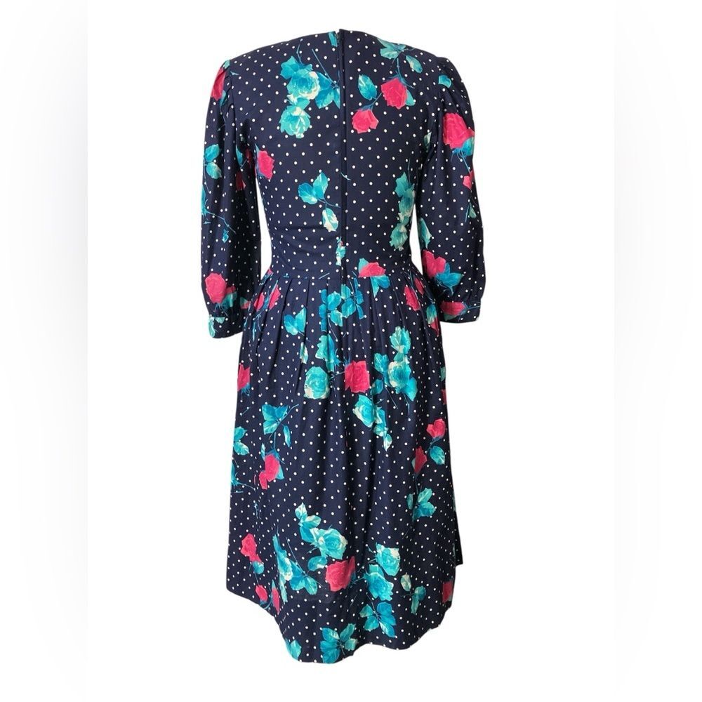 Vintage Lanz Dress Size 12 80s Floral Polka Dot Retro Mixed Print Romantic - Picture 3 of 5
